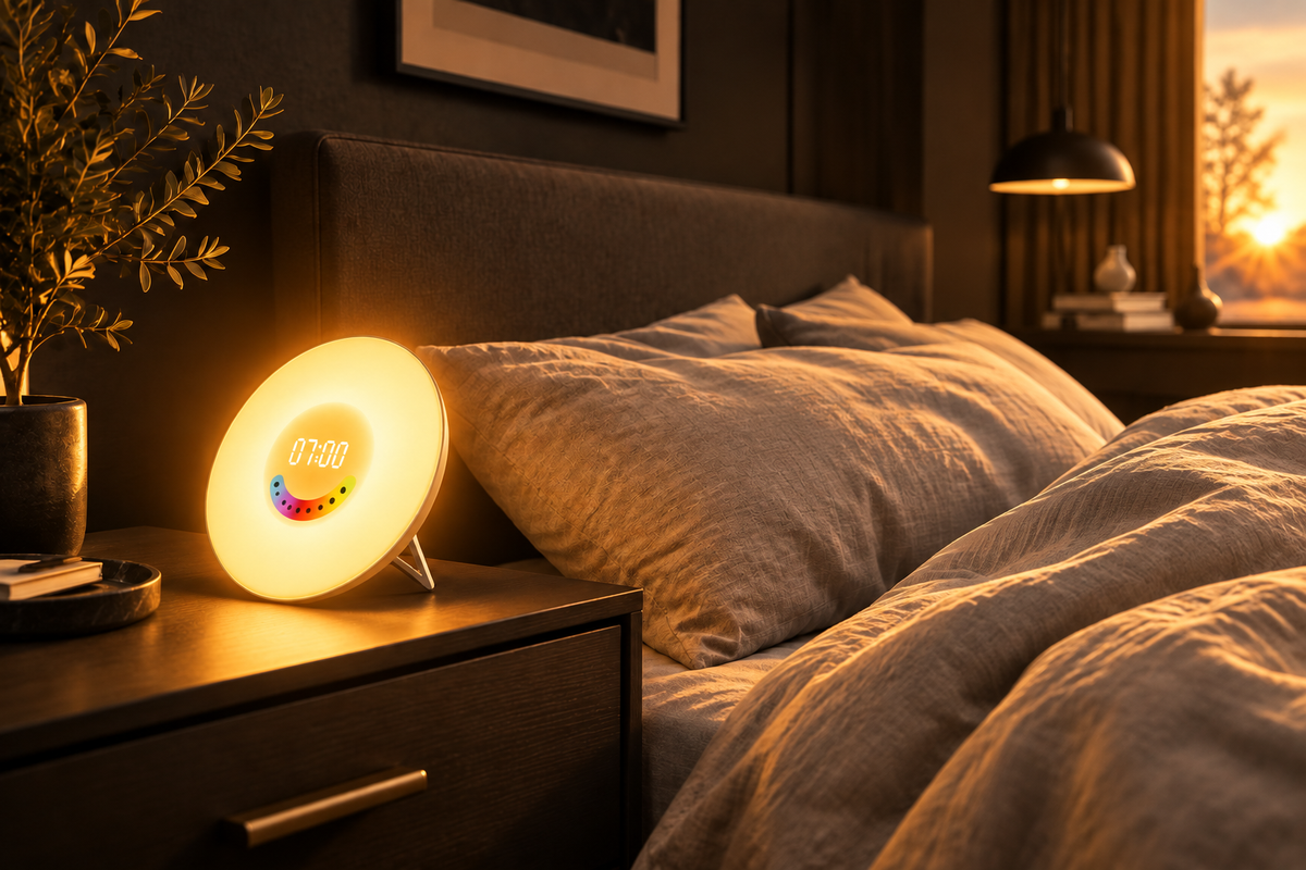 Réveil lumineux allumé sur une table de chevet au lever du soleil